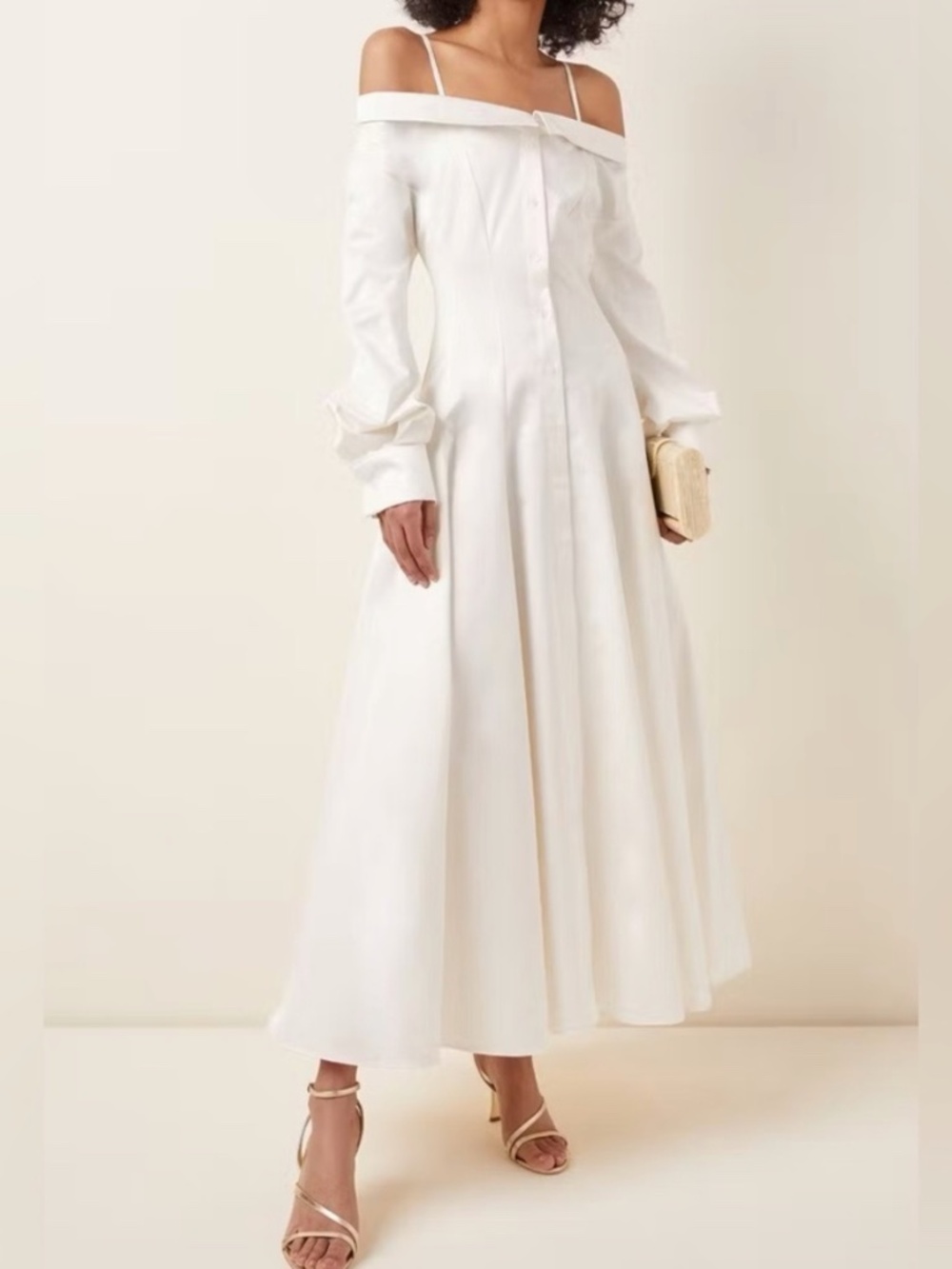 NWT Brandon Maxwell Off-Shoulder White Sz 6 Long Sleeve Cotton Midi Shirtdress - Picture 4 of 9